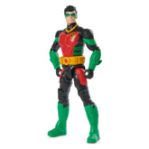 DC Comics Robin action figure stands upright in a black bodysuit with green and yellow accents, red cape, and yellow utility