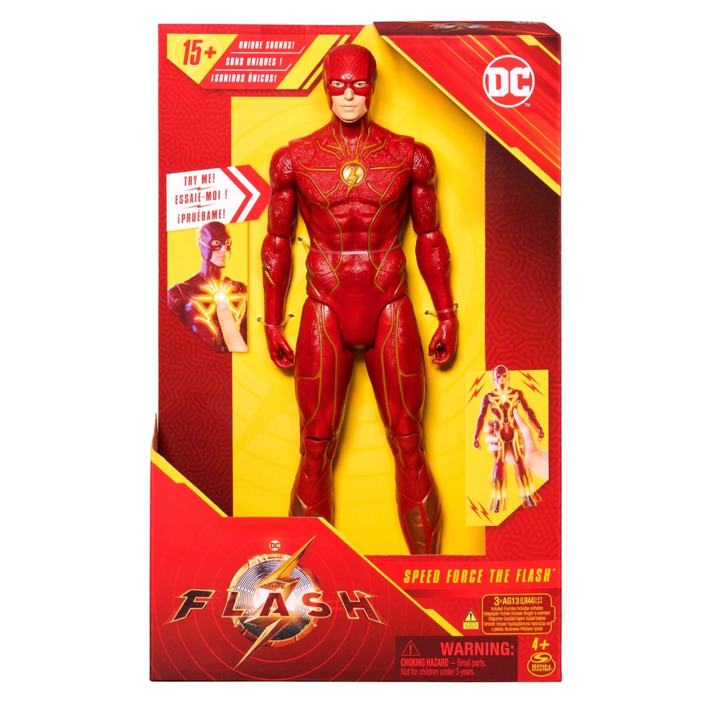 DC Comics Speed Force The Flash action figure in vibrant red packaging with lights and sounds, featuring superhero graphics.