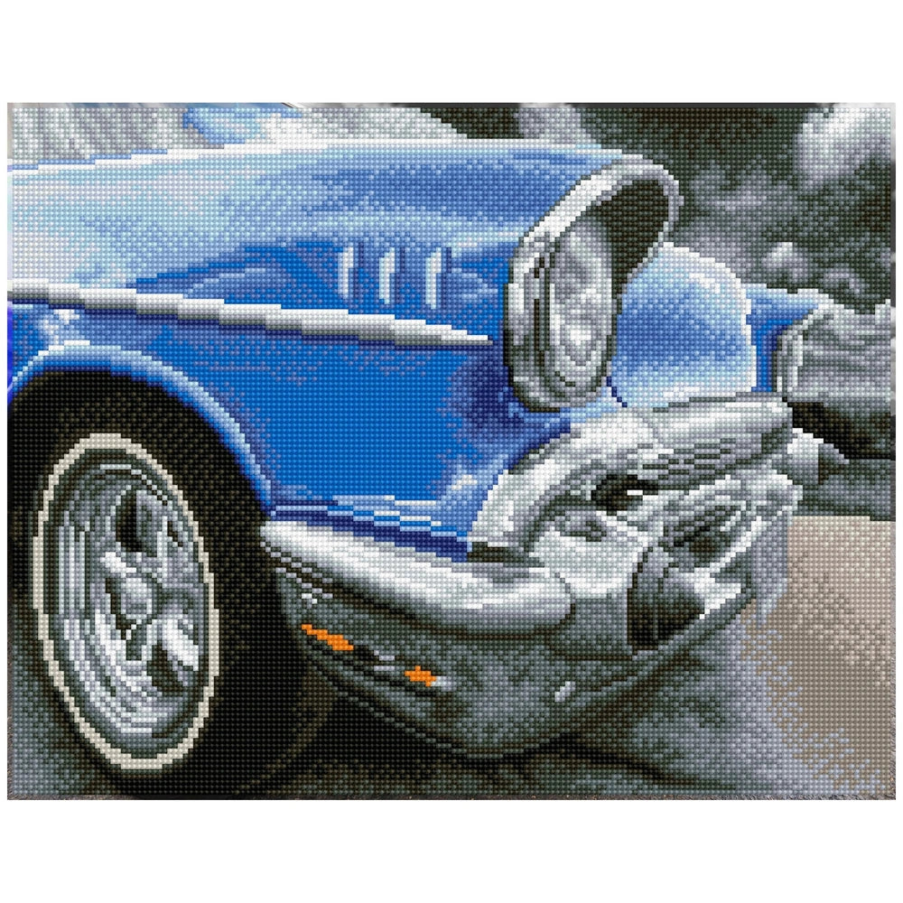 Diamond Dotz 50s Classic blue car with shiny body, silver grill, clear headlight, black bumper, and shiny black tires.