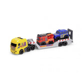 Dickie 3 In 1 Micro Rescue Truck features a colorful plastic design with a trailer, ladder, and multiple visible components.