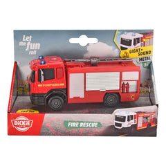 Dickie fire rescue play vehicle in red and white packaging with clear window, featuring lights and sounds, displayed on cardb