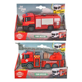 Dickie Fire Rescue toy truck in red packaging with clear window, featuring lights, sounds, and detailed fire equipment.
