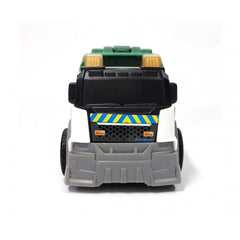Dickie garbage truck play vehicle in white, green, and gray with textured accents and transparent windshield, featuring light