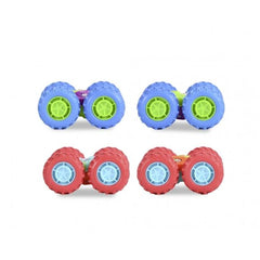 Dickie Monster Flippy assorted play vehicles with blue wheels and red star-patterned hubcaps, presented in a front view.