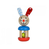 Baby wooden rattle rabbit with a brown body, blue top, and red bottom, featuring a smiling face and upright design.