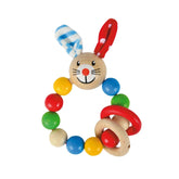 Wooden rabbit teething ring with colorful beads around its neck, designed for playful and safe baby use.