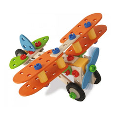 Colorful wooden biplane toy featuring orange wings, blue fuselage, green wheel, and black wheels, designed for construction p