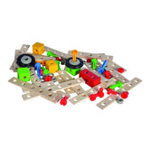 Eichhorn Constructor Expansion Set features colorful plastic components like gears, nuts, and bolts scattered on a white back