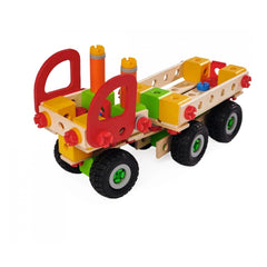 Eichhorn Constructor Truck features a red cab, yellow flatbed, and black wheels with green accents, showcasing its wooden des