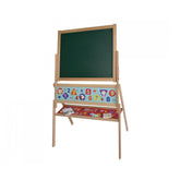 Eichhorn Magnetic Drawing Board featuring a wooden desk, greenboard, red supply tray, and colorful magnetic letters and shape