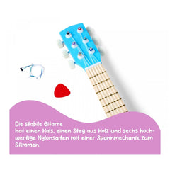 Eichhorn Music Wooden Guitar 54cm featuring a blue design, six nylon strings, and a red heart-shaped object beside it.