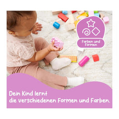 Eichhorn Wooden Blocks in Bucket, 50 pcs, vibrant sorting and stacking toys for early learning shapes and colors.