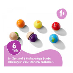 Eichhorn Wooden Music Balls - 6 colorful, polished wooden balls with various designs for baby activity and play.