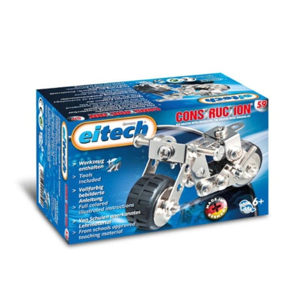 Eitech Motorcycle 1 construction set toy in a blue retail packaging with a transparent window showcasing the silver metal car