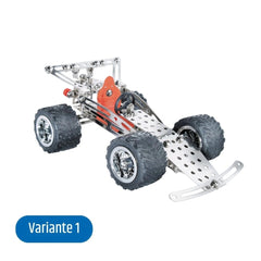Eitech racing car construction set features a shiny silver body, red interior, black textured wheels, and a white baseplate.