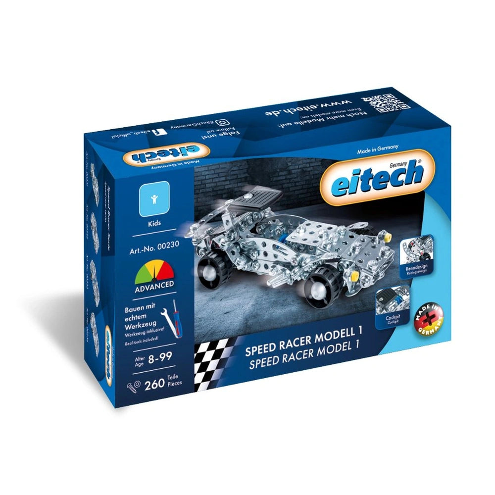Eitech Speed Racer construction set packaging features a blue box with a plastic window and white and orange text.