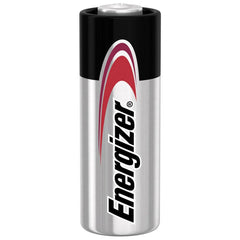 Energizer A23 battery with metallic finish, featuring black, red, and white design, cylindrical shape, and brand name visible