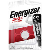 Energizer CR2025 3V lithium button cell battery in red holder, with glossy packaging featuring black text and clear window.
