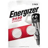 Energizer CR2430 3V button cell batteries in glossy and matte packaging, featuring red and black battery design and safety la