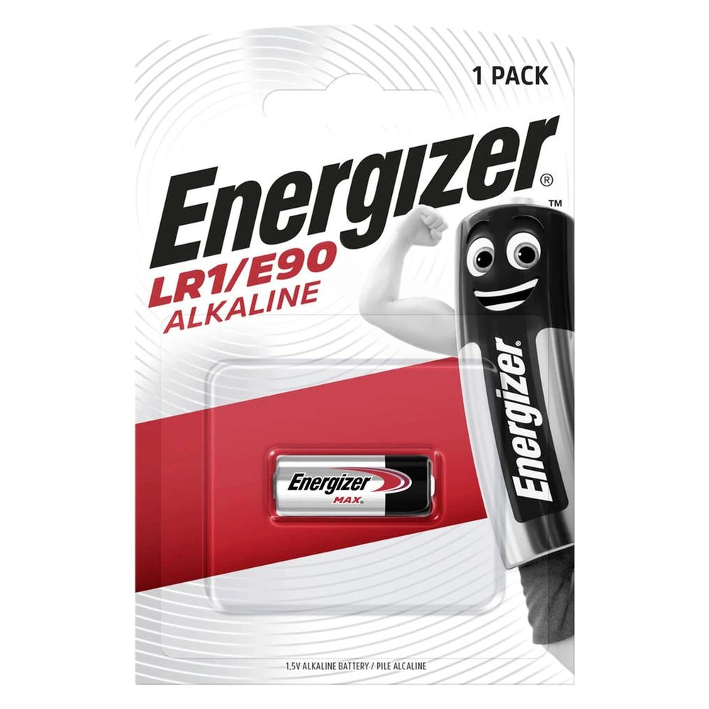 Energizer E90 N battery in red and black packaging, featuring black text on a white background, labeled as 1.5V alkaline.
