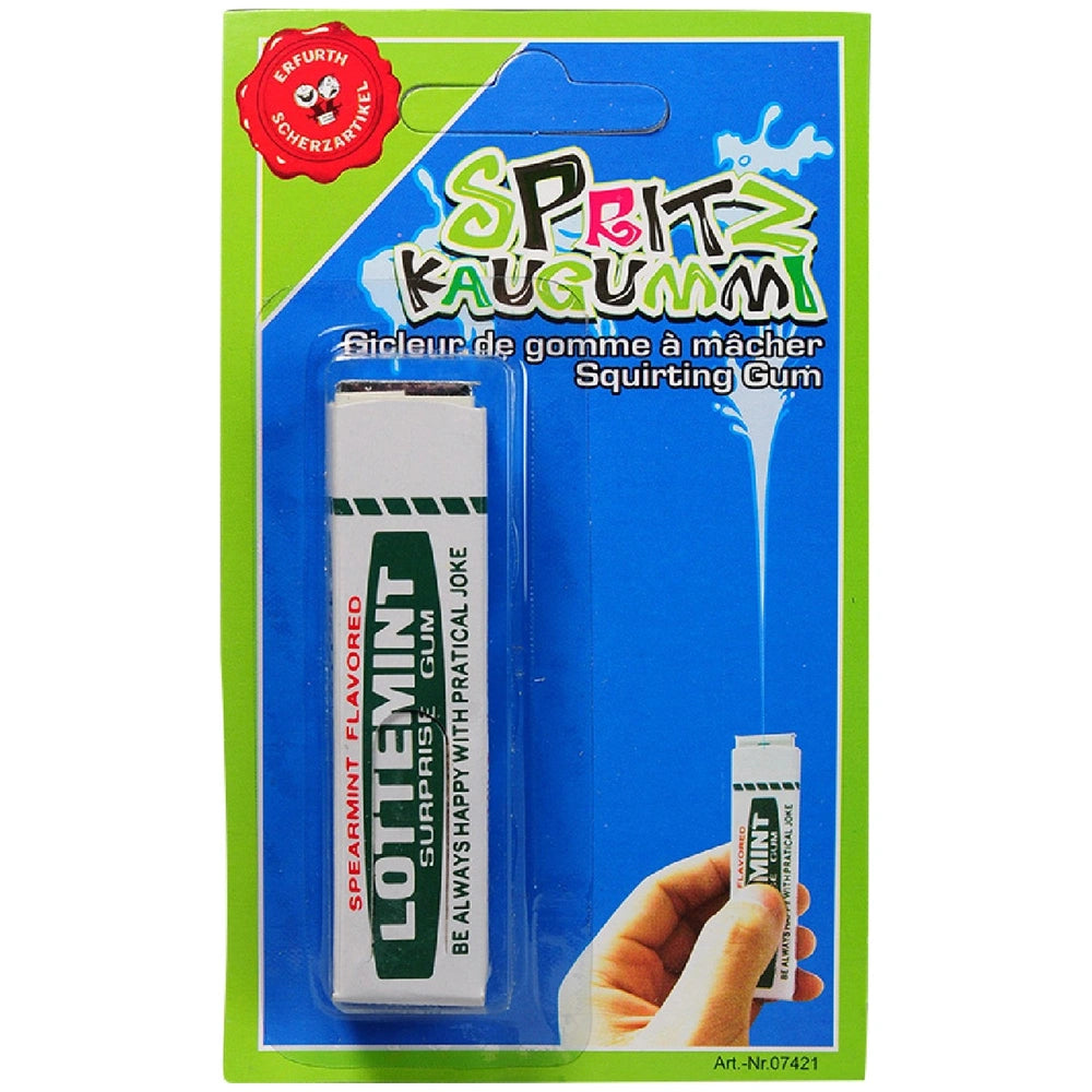 Erfurth Chewing Gum Blister Surprise features a white tube with a green label, set against a vibrant green and blue packaging