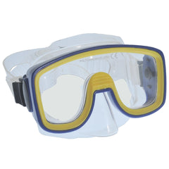 Joker Junior allergy-free PVC diving mask with yellow and blue frame, black strap, and clear lenses for ages 7 to 14.