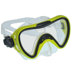 Escubia Orca allergy-free PVC diving mask with yellow and black translucent frame, clear lenses, and adjustable black strap.