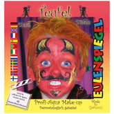 EULENSPIEGEL Devil Makeup Set features a child with a red face painted, gold crescent moons, and a black outfit against a pur