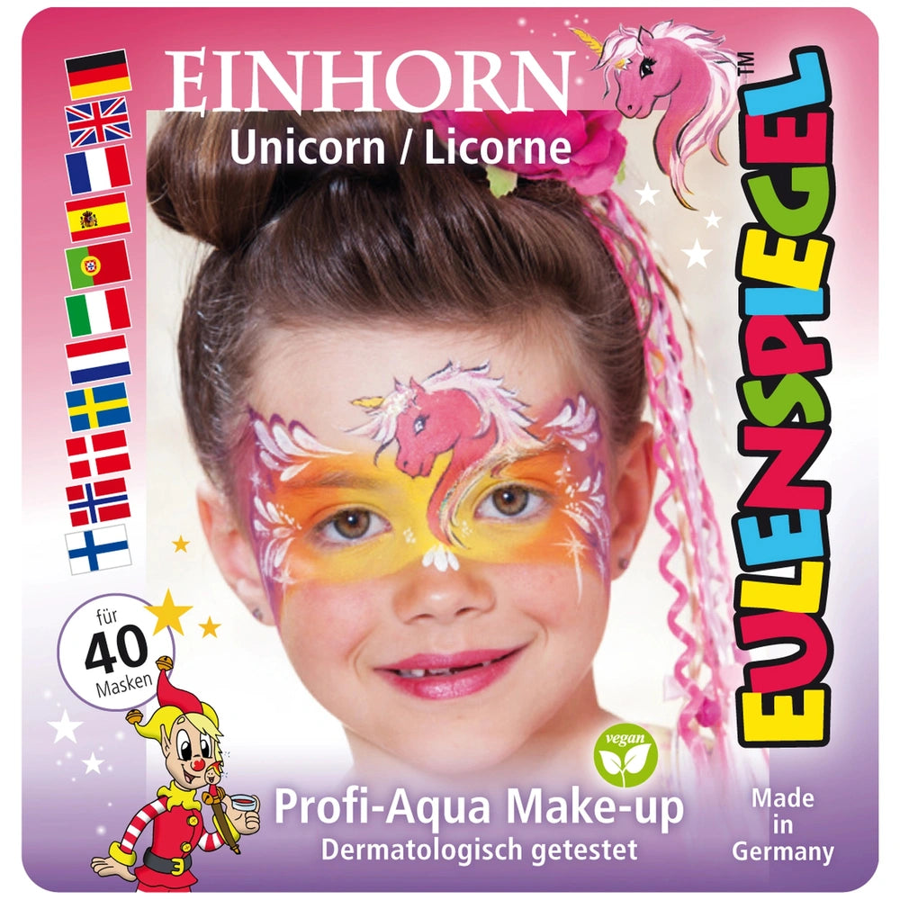 EULENSPIEGEL Unicorn Makeup Set features a smiling girl in a unicorn mask, colorful face paint, and vibrant packaging with ve