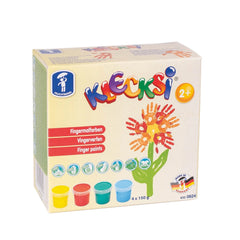 Feuchtmann Klecksi Basic Mini Finger Paints pack features five paint colors in a matte cardboard packaging with a plastic win