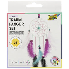 Folia Dreamcatcher Set featuring a circular fabric design with purple fringe, beads, and tassels in retail packaging.
