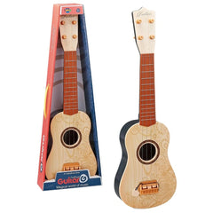 Ginmar children acoustic guitar with metal strings, featuring a brown body, black neck, and white strings in a glossy finish.