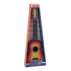 Ginmar children acoustic guitar with metal strings in orange and black displayed in glossy red cardboard packaging.