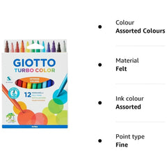 Giotto Turbo Colour Set of 12 markers in matte cardboard packaging with a transparent window and blue printed text on a white