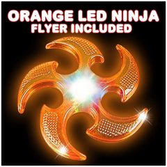 Frisby Ninja with lights, bright orange color, symmetrical design, and reflective surface featuring "ORANGE LED NINJA FLYER I
