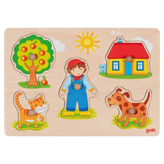 GOKI Cat Dog Lift-Out Puzzle packaging features vibrant illustrations of a tree, sun, house, dog, and cat on a smooth surface