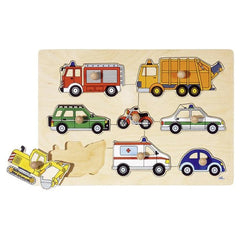 GOKI Means of Transport Lift Out Puzzle featuring a wooden base with textured plastic vehicles: fire truck, dump truck, SUV,