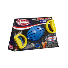 Goliath Wahu Zoom Ball Hydro sports toy in blue and yellow, displayed in glossy cardboard packaging with a transparent window