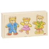 Gollness Bear Design Dress Up Box Puzzle features three colorful bears in outfits and accessories, made from wood and plastic