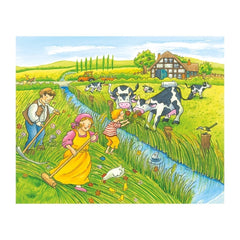 Gollness Cube Puzzle Seasons On The Farm features children in colorful outfits playing in a vibrant grassy landscape with ani