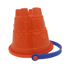 Gowi orange castle bucket with a conical shape, glossy plastic, blue strap, and grip indentations, diameter 17 cm.