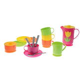 Gowi Coffee Service Paris set features 4 colorful plastic cups with flowers, 1 pink cup with a silver spoon, and 4 metal spoo