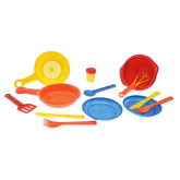 Gowi Cooking Set Vienna features 14 colorful plastic pieces including bowls, forks, and spoons in vibrant yellow, orange, red