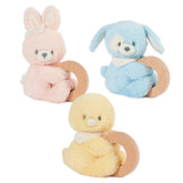 Gund Soft Animal Ring Rattle features three colorful plush toys with bows, made of soft fabric, against a white background.
