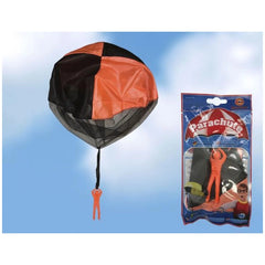 Gunther Flugspiele parachute throwing toy in black, orange, and red, displayed in glossy packaging with a blue background.