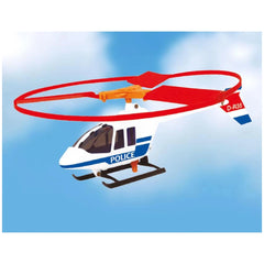 Gunther Flugspiele Police Action helicopter in white with blue stripes, red rotor blades, and black landing gear, features "P