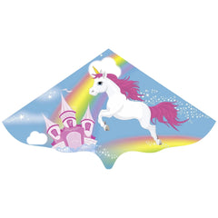 Gunther Flugspiele Single-Line Kite featuring a glossy unicorn, matte castle, and rainbow on a blue to purple gradient backgr