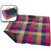 Happy People picnic blanket 175×135 cm in vibrant checkered pattern with red, blue, green, yellow, orange, and black border.