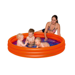 Happy People inflatable pool with water, featuring a woman and four children enjoying it in swimwear.