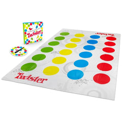 Hasbro Twister Game German Edition packaging features colorful polka dots and bold red text on a glossy white background.